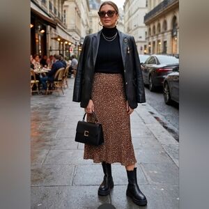 Brown Silk Polka Dot Midi Skirt M